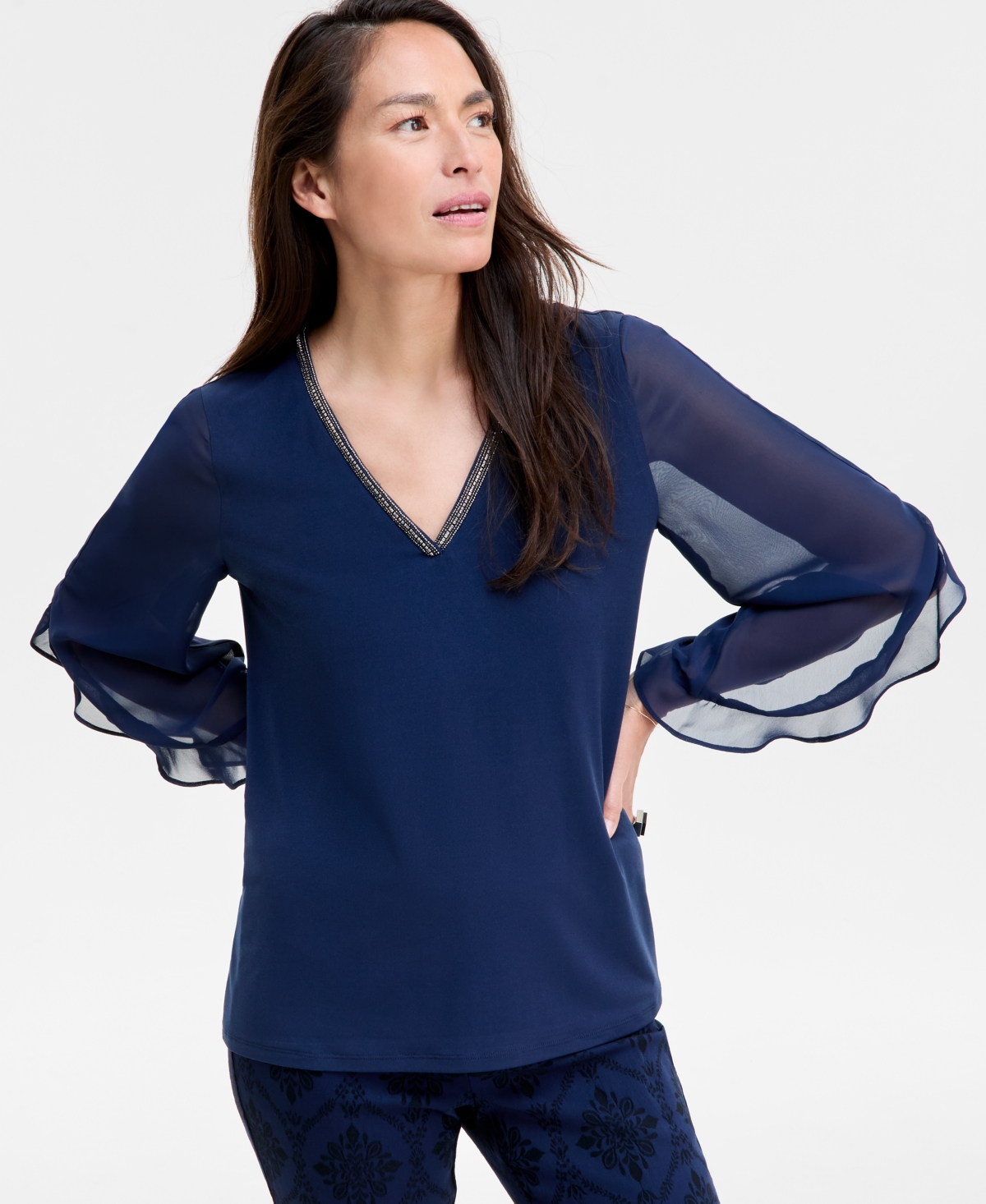 Jm Collection Women's Tulip-Sleeve Mixed-Media Top, Exclusively at Macy's