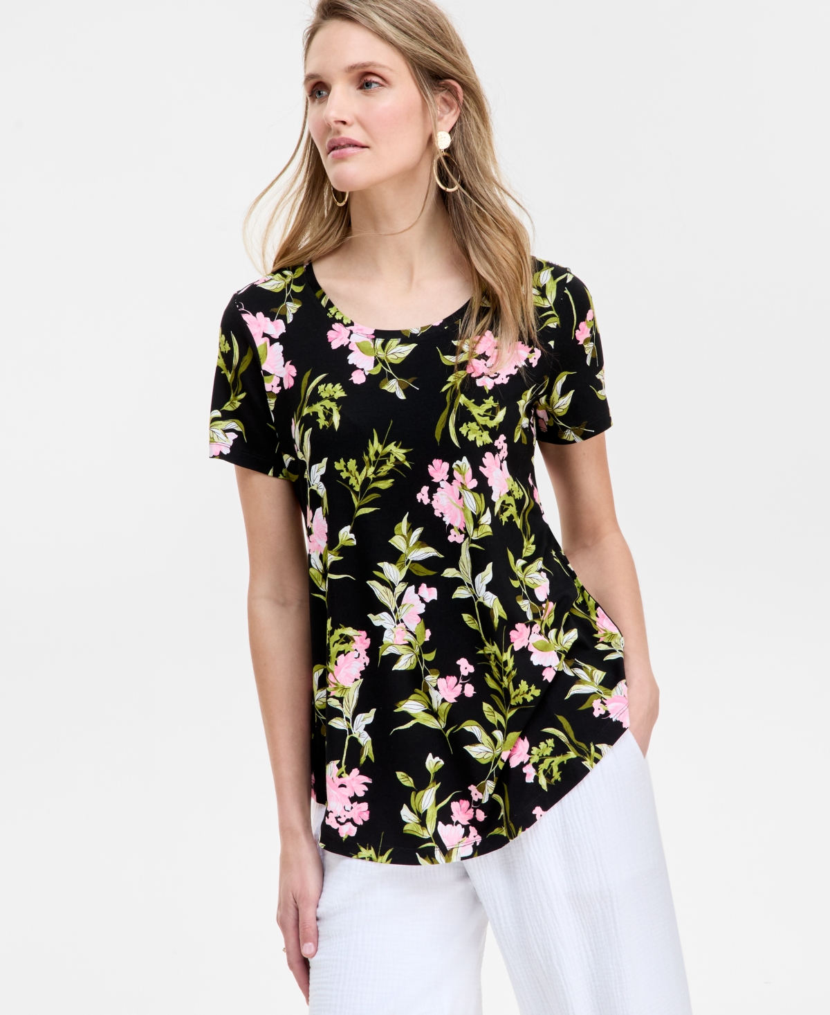 Jm Collection Women's Floral Printed Scoop-neck Short Sleeve Top, Exclusively At Macy's In Black