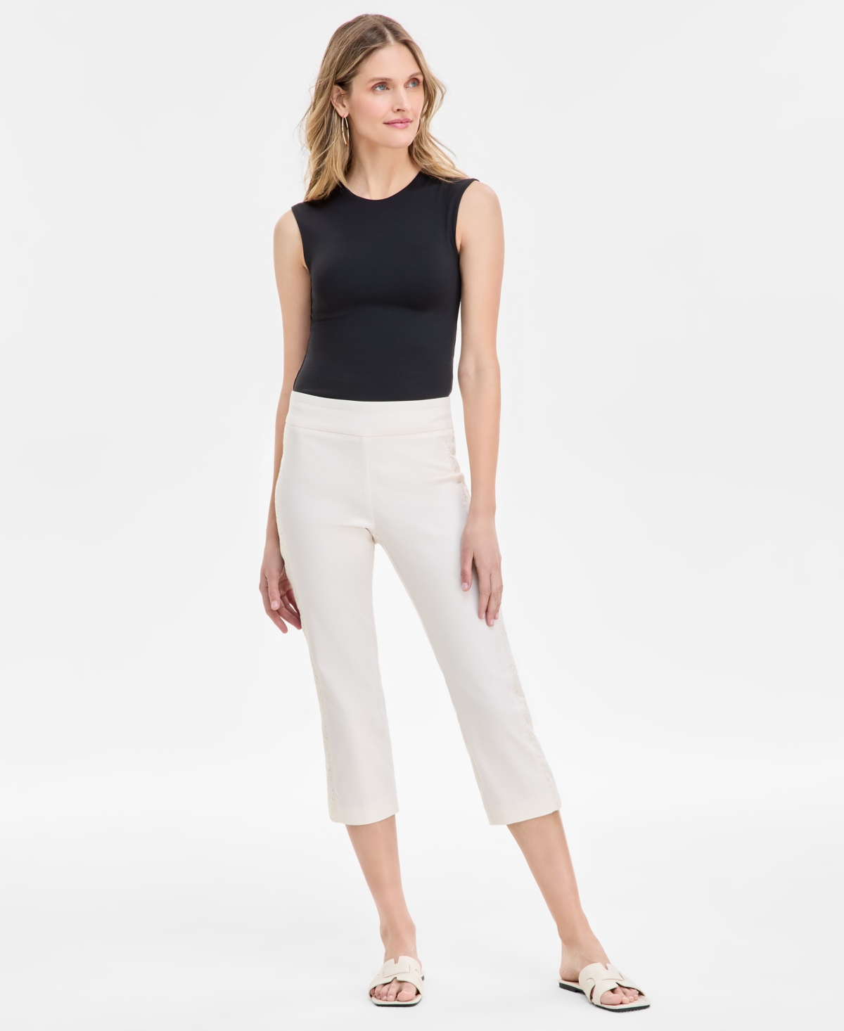 Shop Jm Collection Women's Side Lace-trim Capri Pants, Exclusively At Macy's In Eggnog