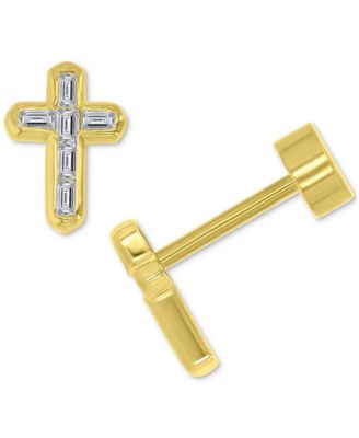 Cubic Zirconia Baguette Cross Stud Earrings in 14k Gold-Plated Sterling Silver