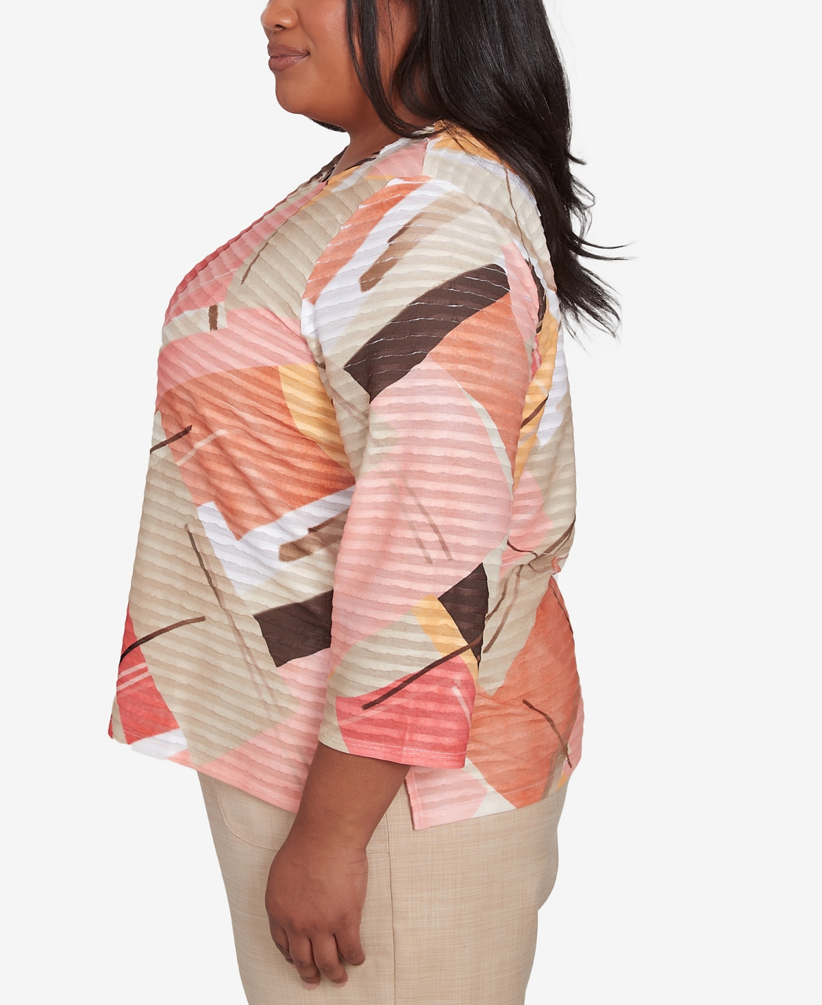 Alfred Dunner Plus Size Catalina Island Colorful Patchwork Crew Neck Top In Tangerine Multi