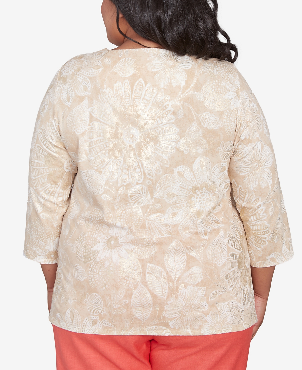 Alfred Dunner Plus Size Catalina Island Textured Floral Foil Accent Keyhole Neck Top In Linen