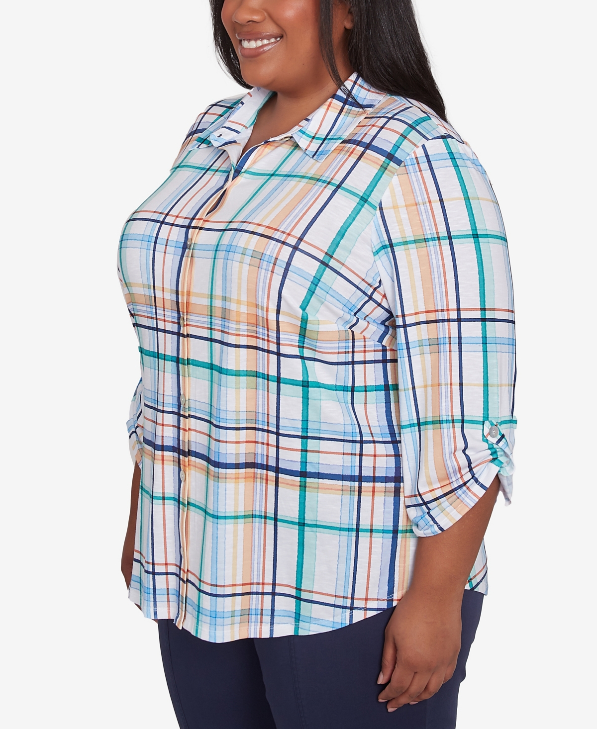 Alfred Dunner Plus Size Nantucket Plaid Knit Button Front Collared Top In Marine Multi