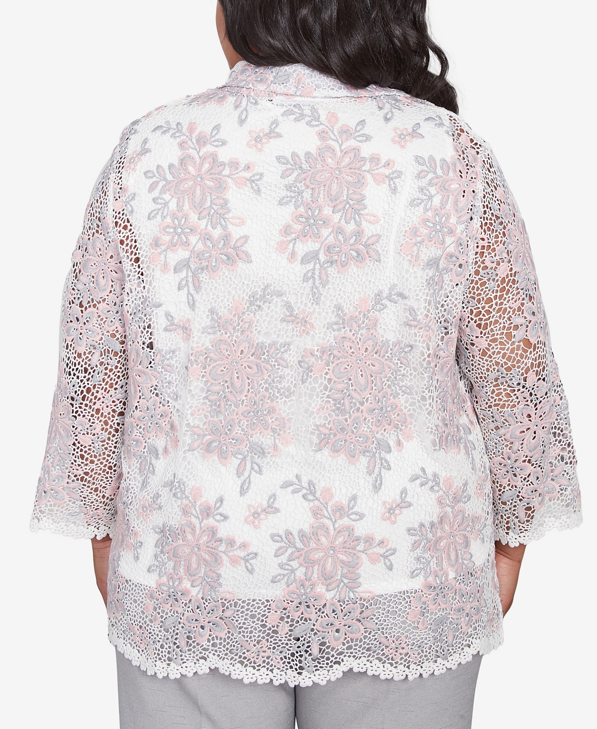 Alfred Dunner Plus Size Estate Of Mind Floral Lace Two In One Collared Neck Top With Necklace In Multi Pink
