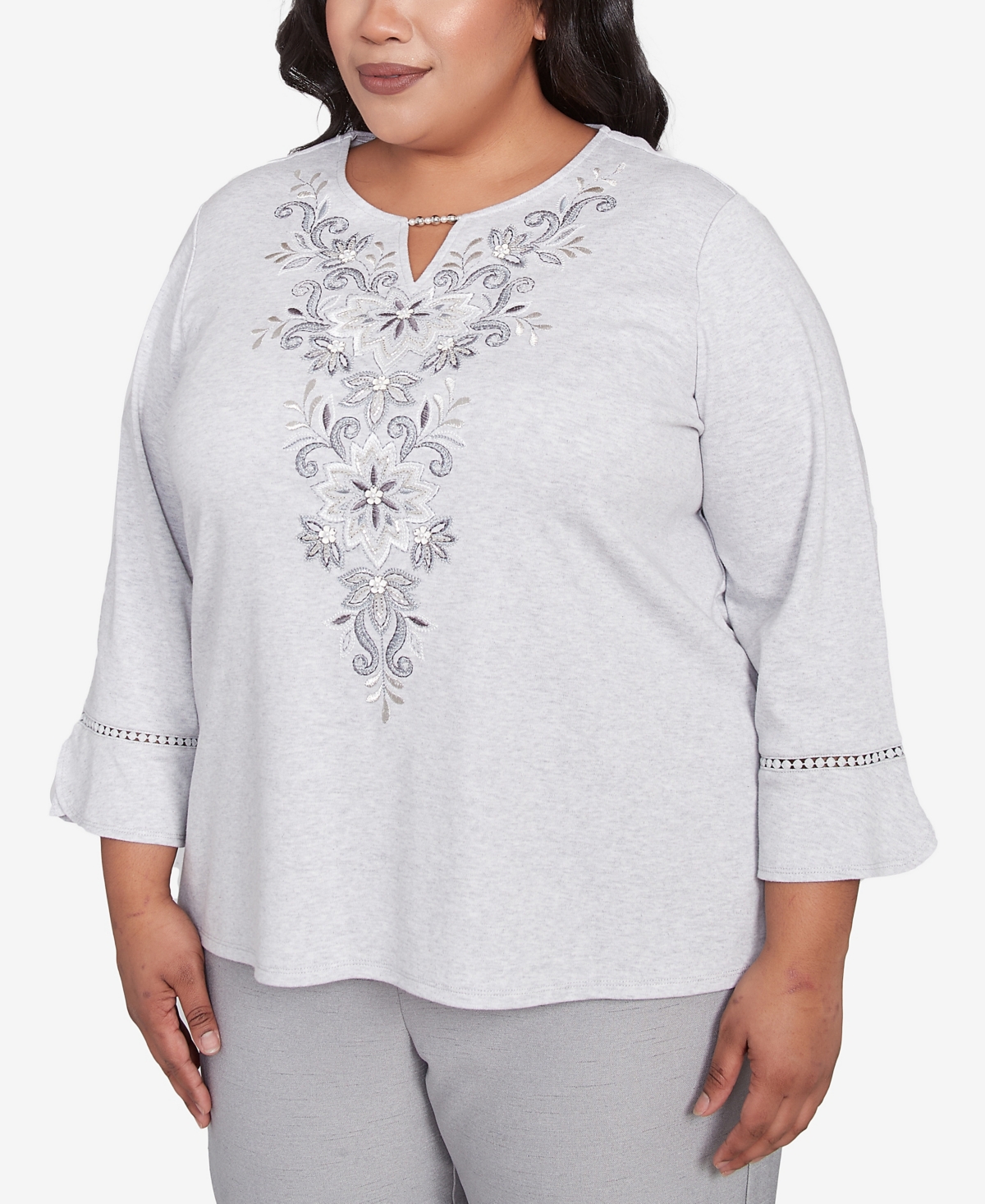 Alfred Dunner Plus Size Estate Of Mind Embroidered Scroll Bell Sleeve Top In Dove Gray