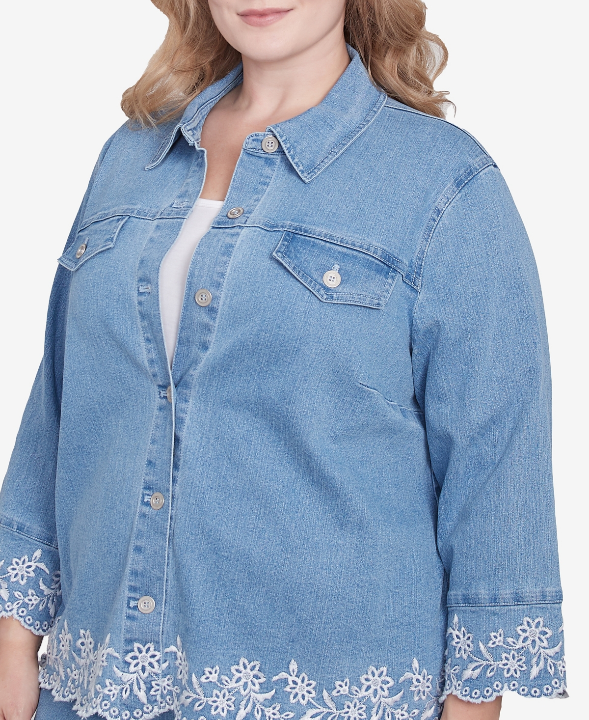 Alfred Dunner Plus Size Flower Power Denim Floral Embroidered Jacket In Light Indigo