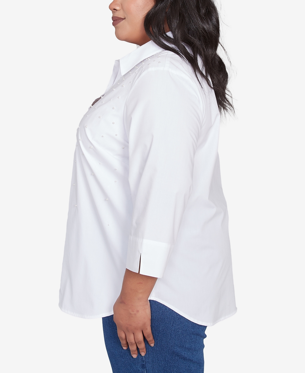 Alfred Dunner Plus Size Flower Power Studded Button Down Collared Top In White