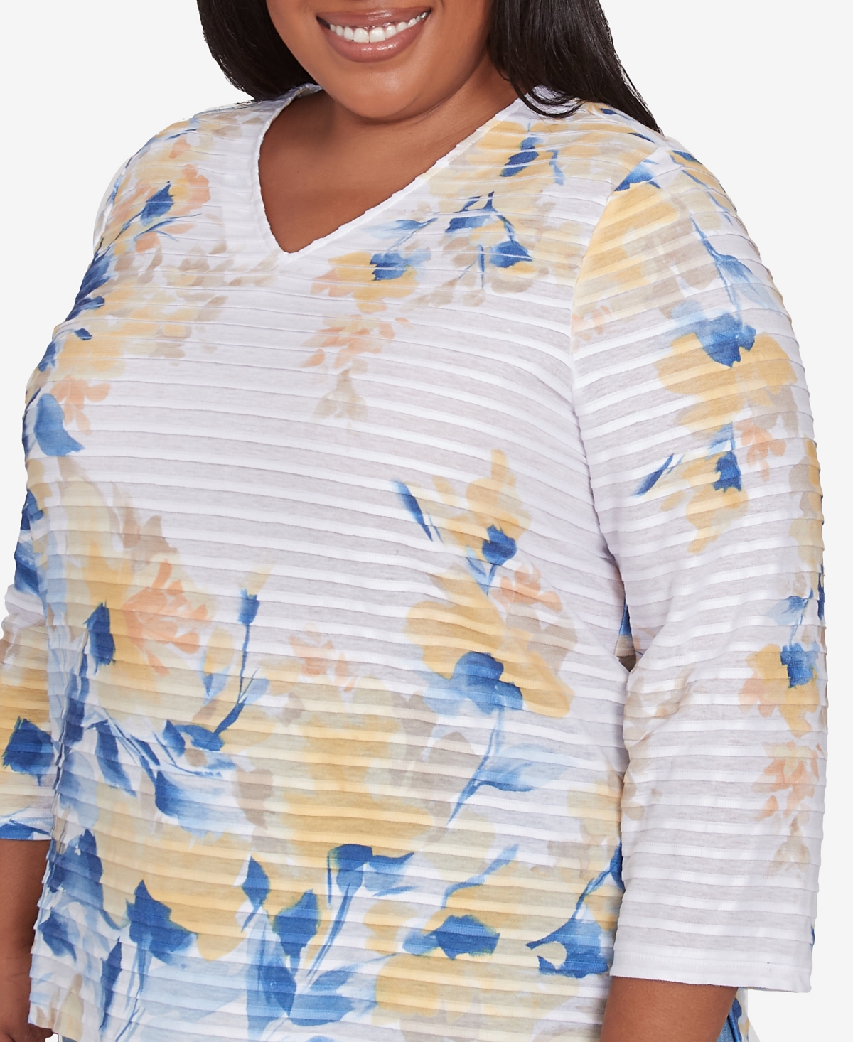 Alfred Dunner Plus Size Flower Power Floral Textured V Neck Top In Multi Blue