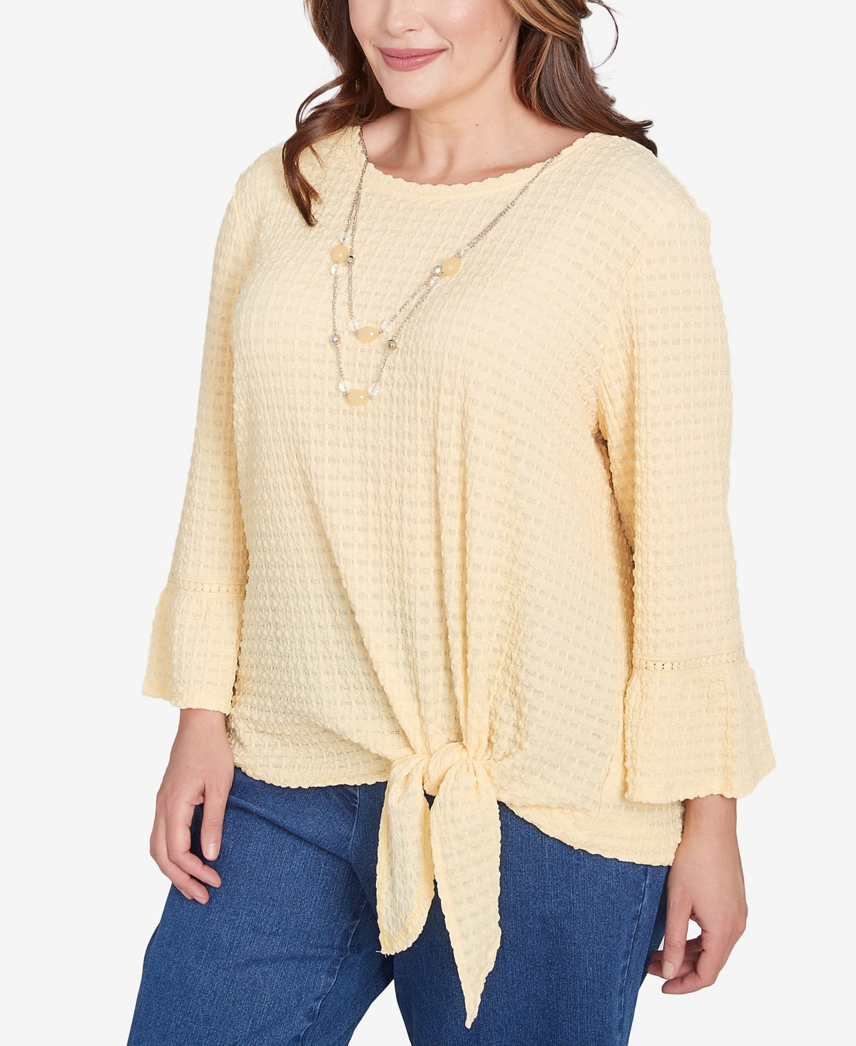 Alfred Dunner Plus Size Flower Power Tie Front Textured Crew Neck T-shirt With Necklace In Buttercup