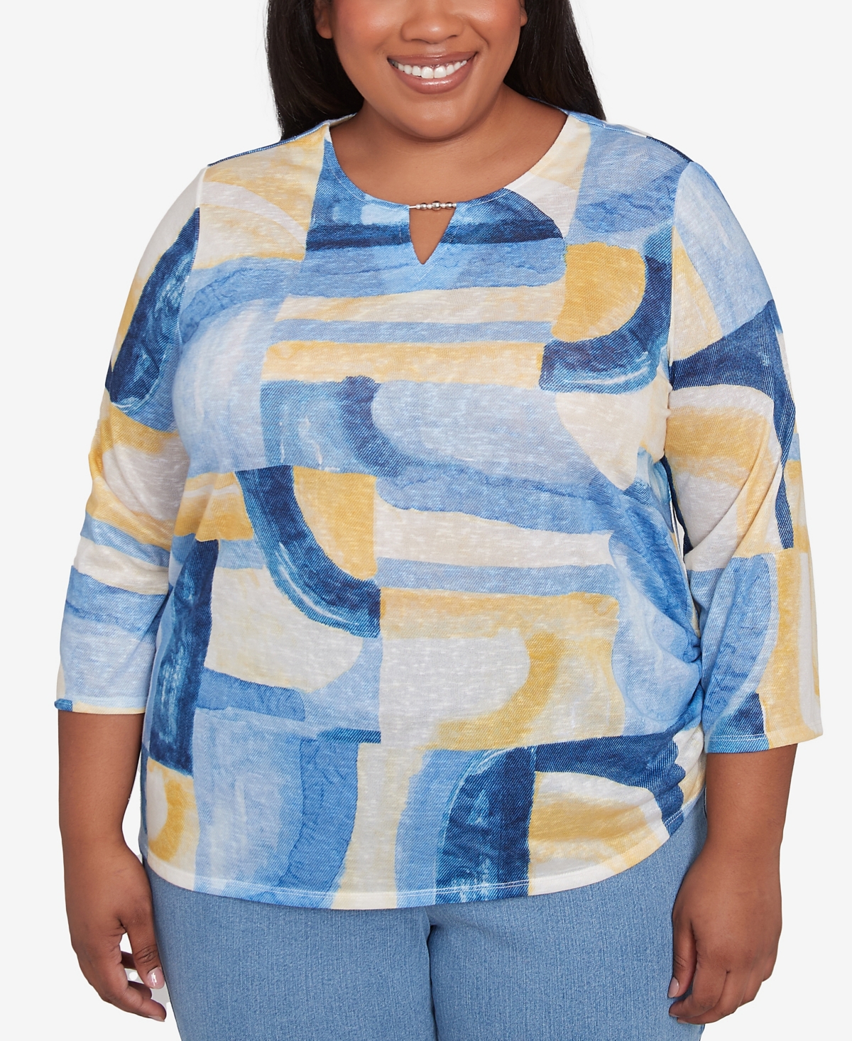 Plus Size Flower Power Watercolor Patchwork Geometric Keyhole Neck Top - Multi Blue