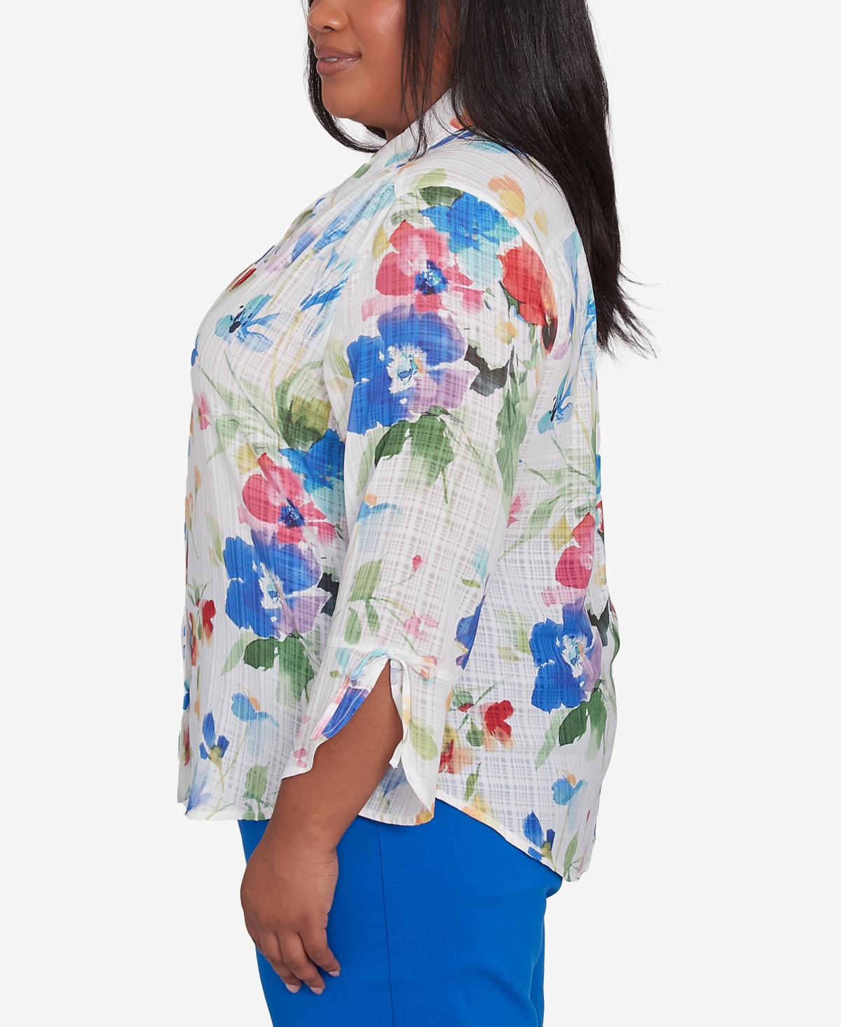 Alfred Dunner Plus Size Parrot Cay Abstract Watercolor Button Down Collared Top In Cobalt Multi