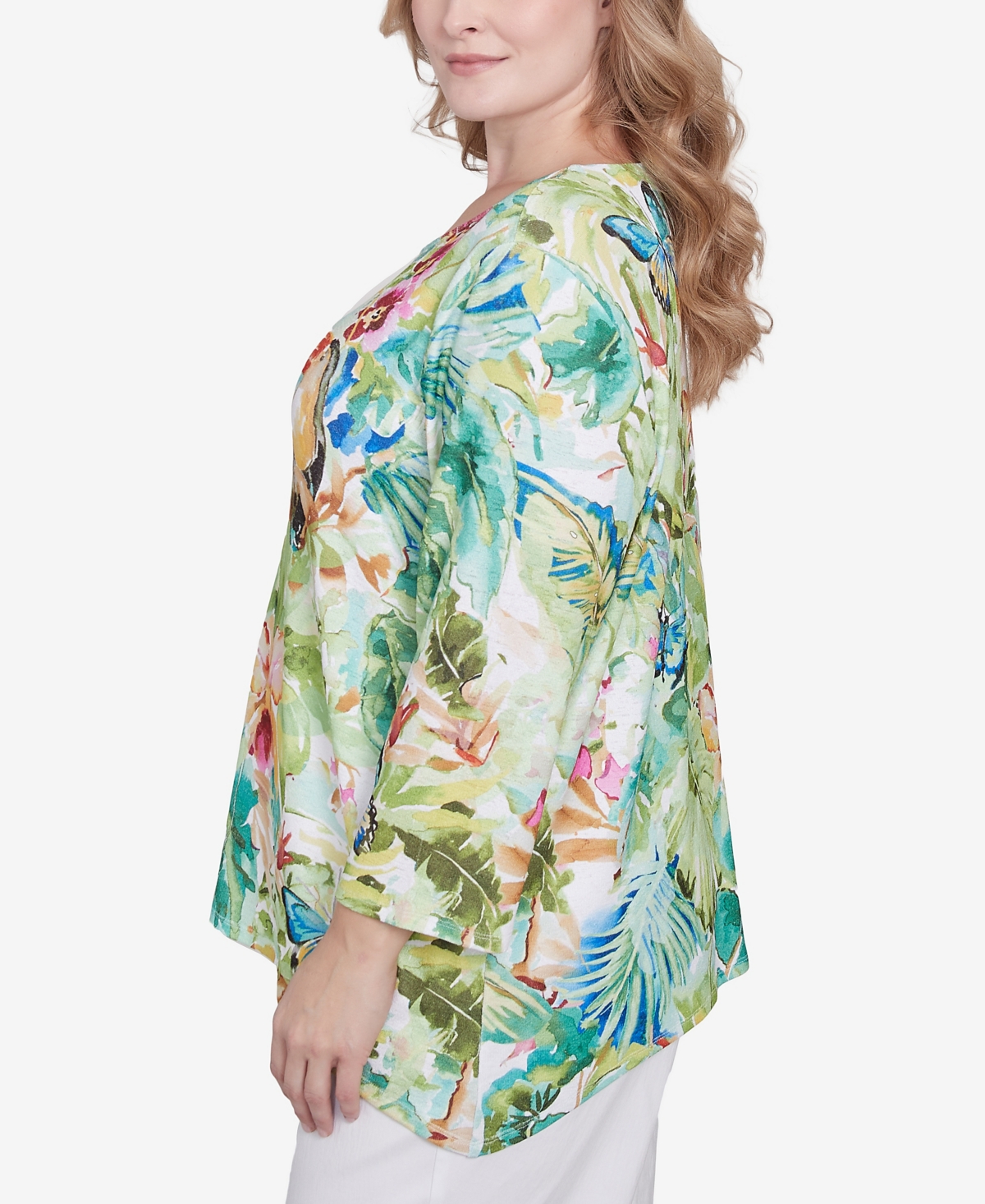 Alfred Dunner Plus Size Parrot Cay Tropical Toucan Crew Neck Top In Multi Green