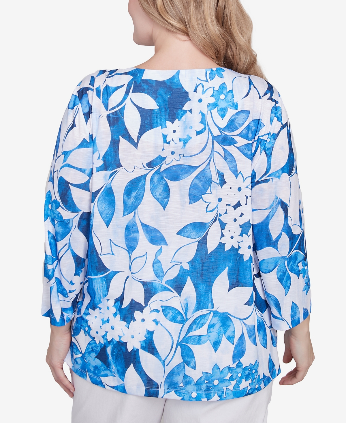 Alfred Dunner Plus Size Parrot Cay Monotone Cobalt Floral Top In Cobalt Blue