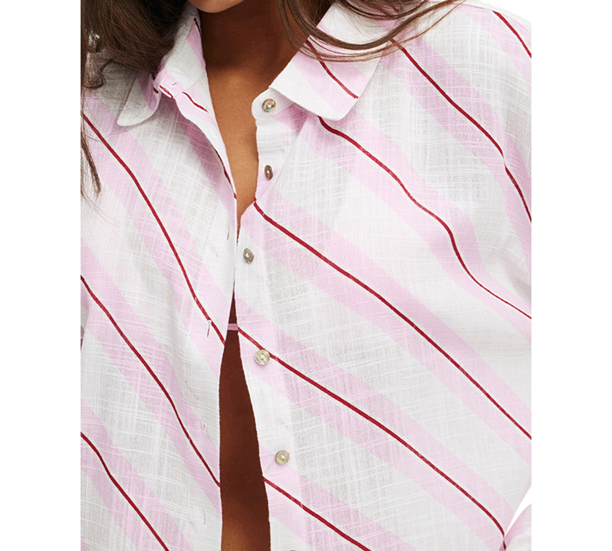 Cotton On Women's The Essential Beach Cover-up Shirt In Coconut Milk,pink,garnet Red Stripe