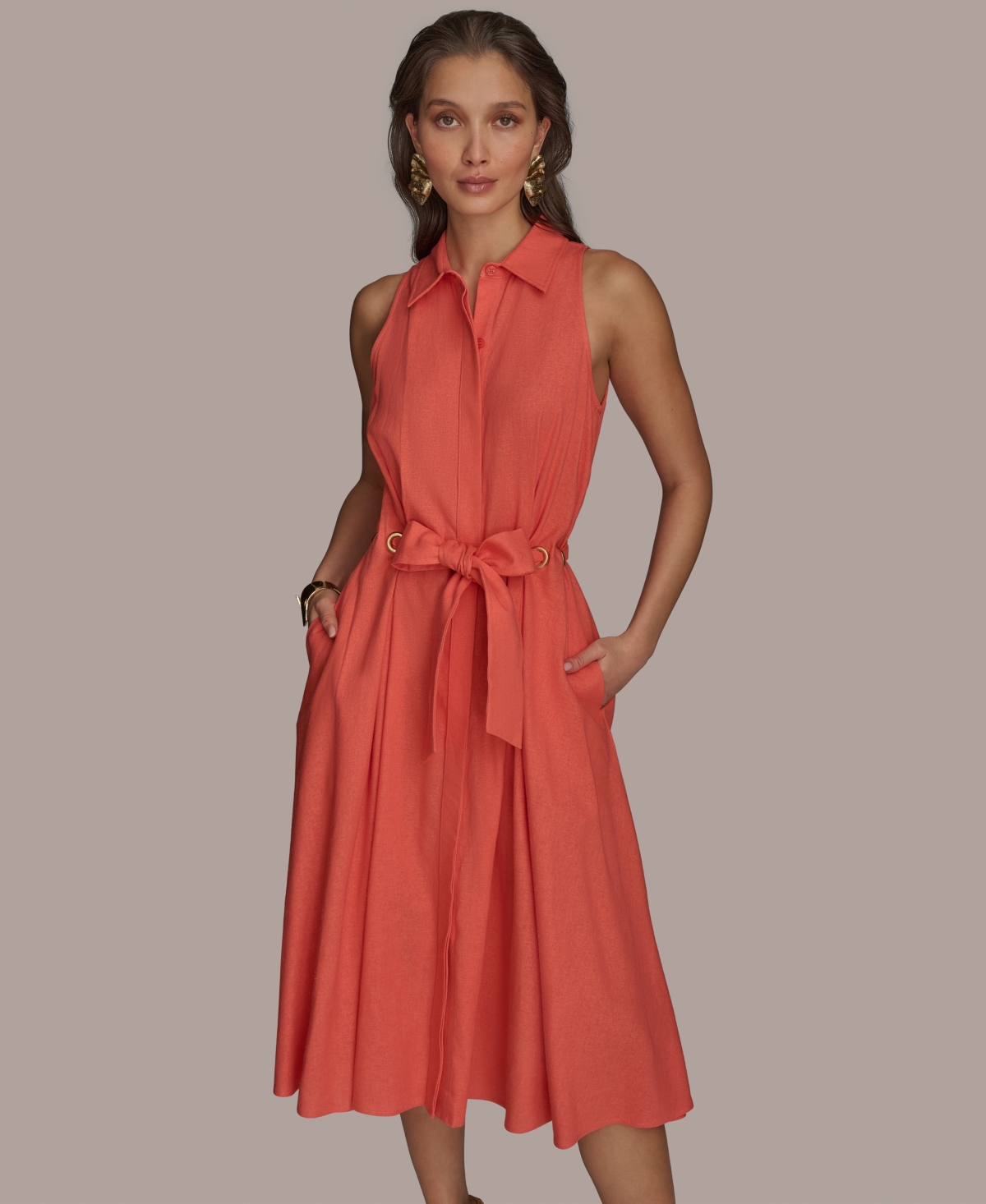Donna Karan New York Sleeveless Linen Blend Shirtdress In Spring Melon