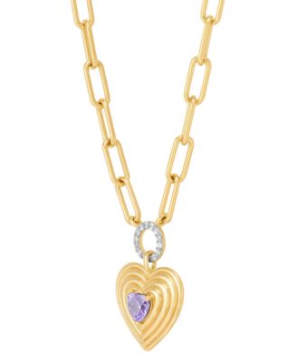 Garnet (3/8 ct. t.w.) & White Topaz (1/10 ct. t.w.) Heart & Circle Paperclip Link 18" Pendant Necklace in 14k Gold-Plated Sterling Silver