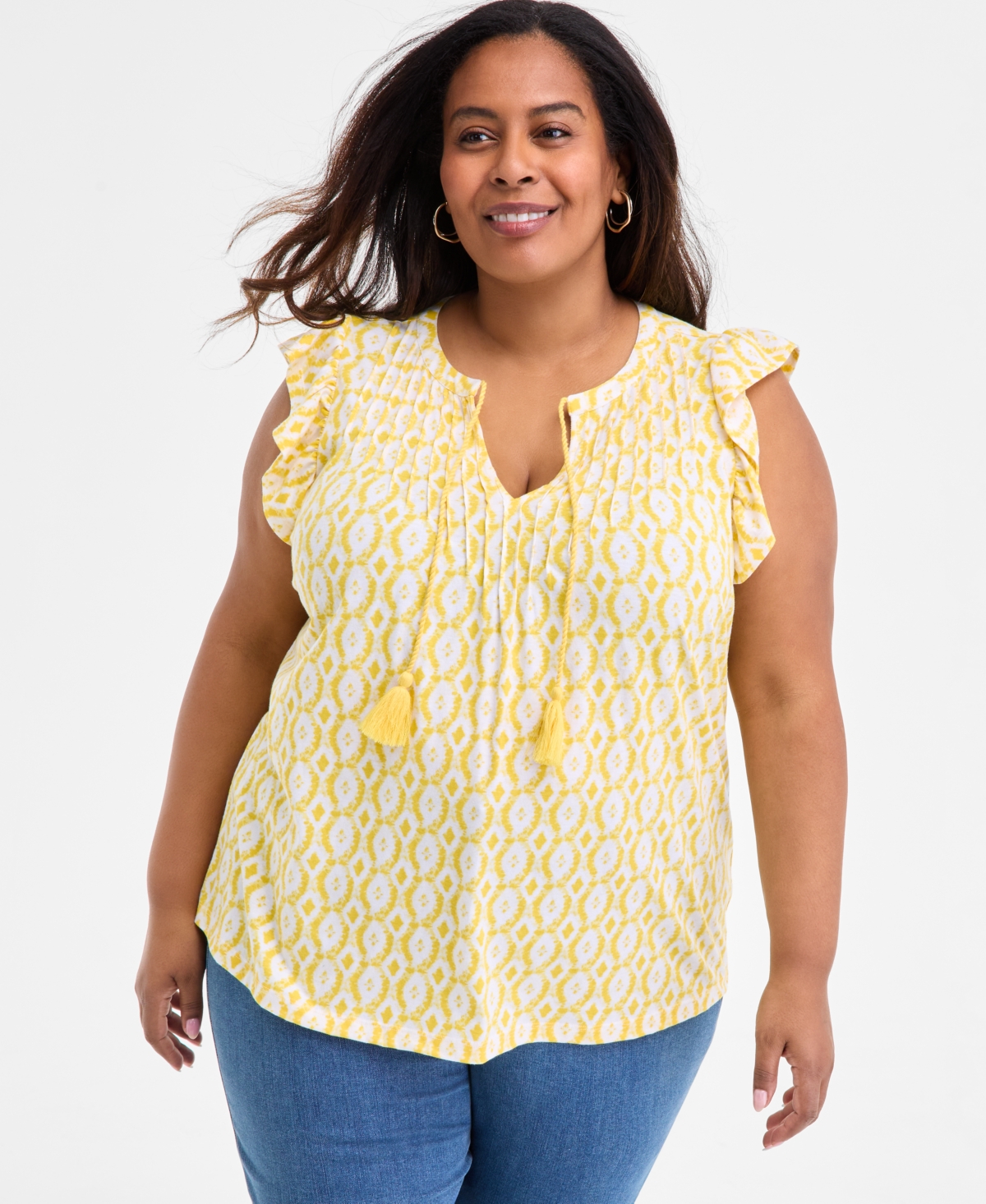 Style & Co Plus Size Printed Ruffle Pintuck Top, Exclusively At Macy's