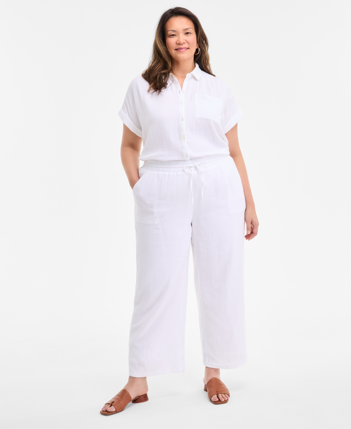 STYLE & CO PLUS SIZE COTTON GAUZE DRAWSTRING MID-RISE WIDE-LEG PANTS, EXCLUSIVELY AT MACY'S 