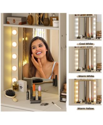 Compact Vanity Desk with Lighted Mirror and Built-In Power Outlets