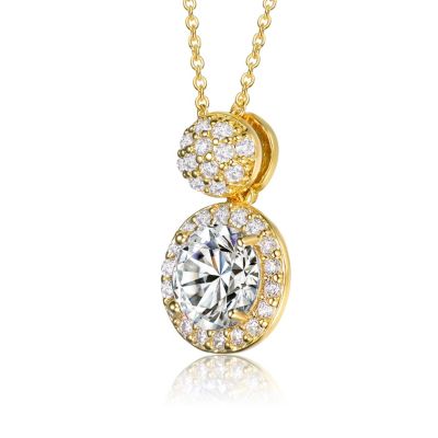 Sterling Silver 14K Gold Plated with Clear Round Cubic Zirconia Halo Necklace