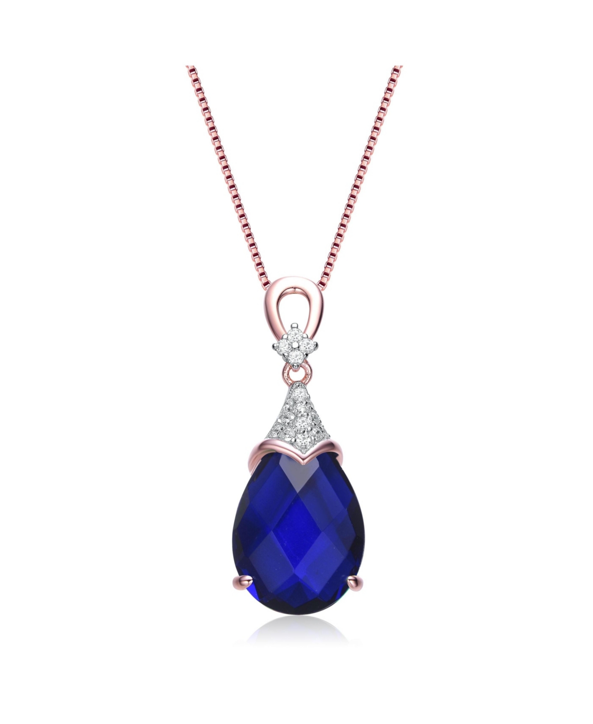 Sterling Silver 18K Rose Gold Plated with Colored Cubic Zirconia Teardrop Necklace - Blue