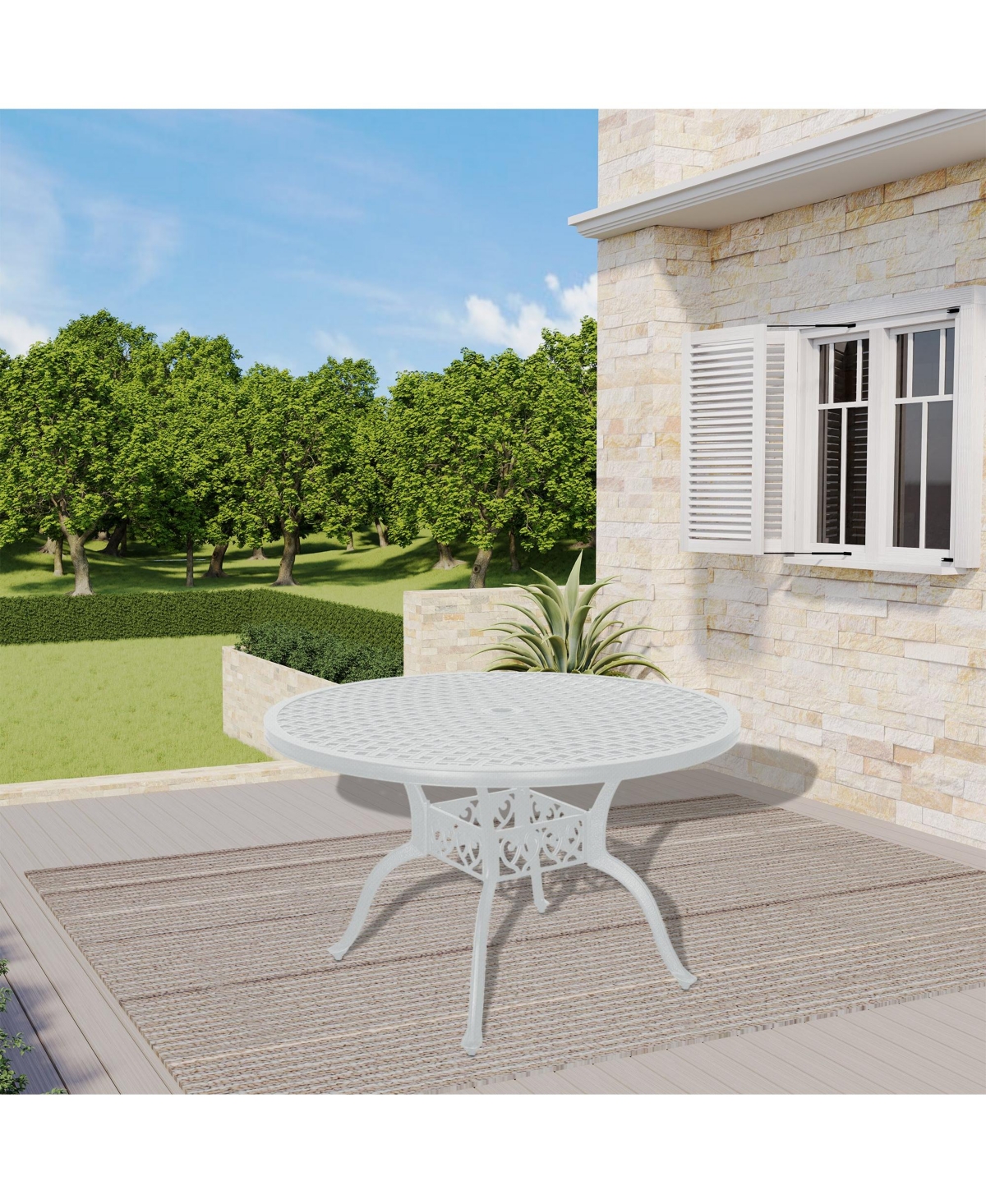 47 Inches Outdoor Dining Table Cast Aluminium Round Table Patio Dining Table with Umbrella Hole All Weather Outdoor Bistro Table for Backyard Garden P