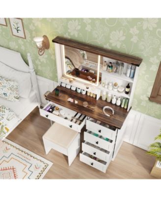 Farmhouse Vanity Set with Mirror and 3-Color LED Lighting for Bedroom or Dressing Room