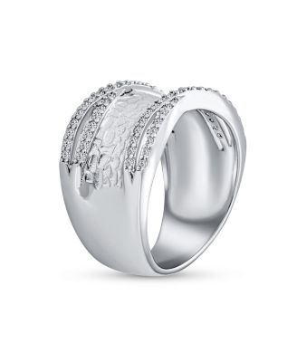 Modern Criss Cross CZ Accent Cocktail Statement Ring Brushed Matte Silver Tone Band