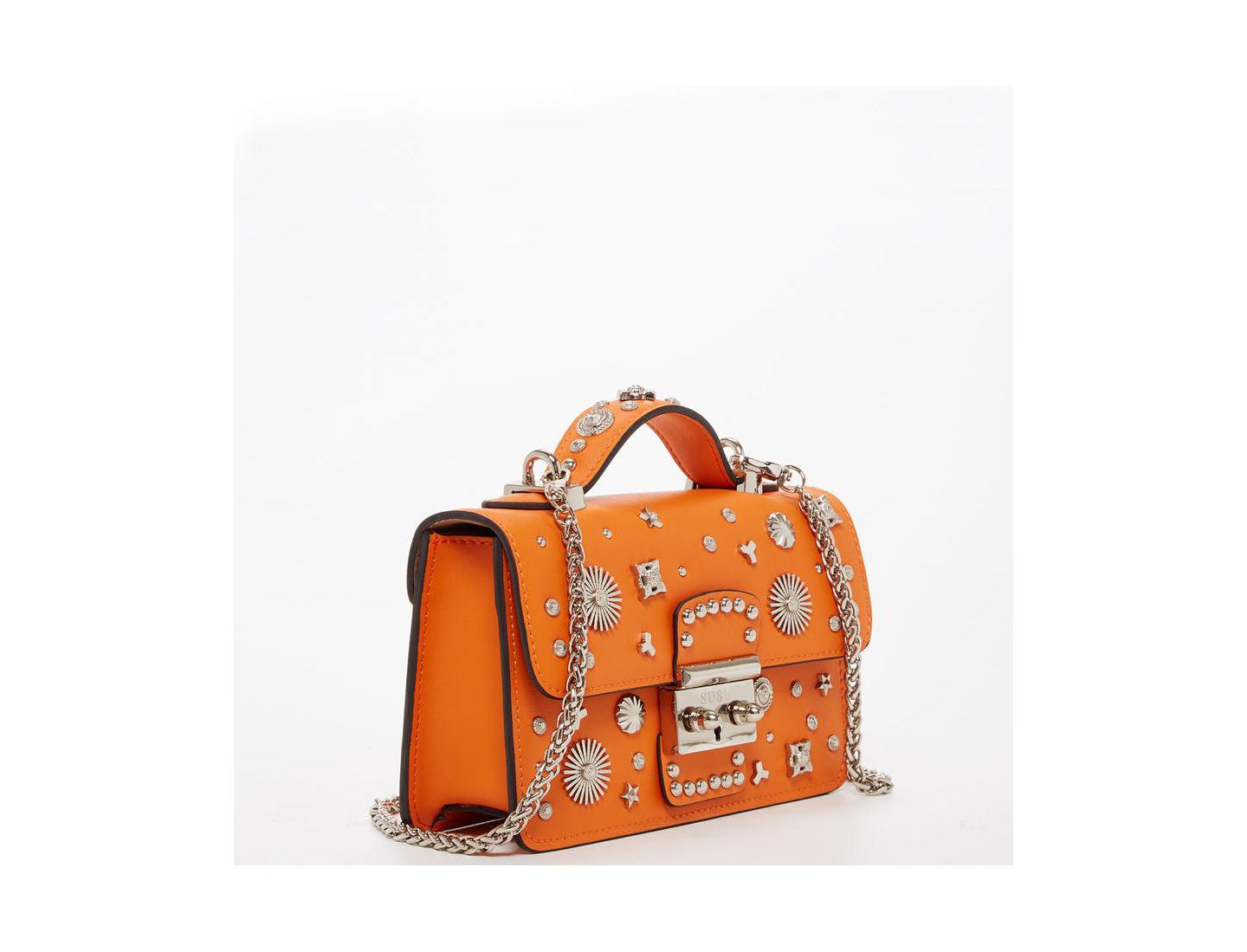 Женская сумка SUSU Hollywood Leather Small Top Handle Purse Studded Mini Crossbody Bag Structured with Buckle Closure, цвет: Оранжевый — фото 6