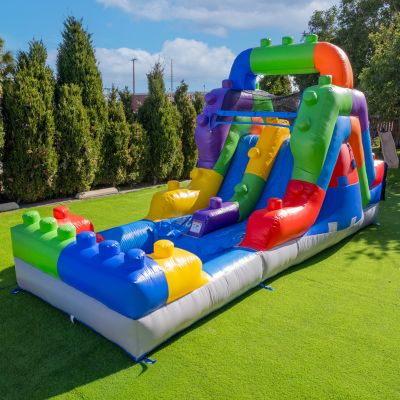 HeroKiddo 12FT Block Party Dual Lane Backload Inflatable Water Slide with Attached Pool & Air Blower, Commercial Grade, PVC Vinyl, Outdoor Play, Backyard Fun, Kids and Adults