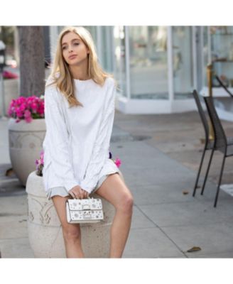 White Leather Crossbody Bag Small Structured Women s Handbag with Top Handle and Embelishments