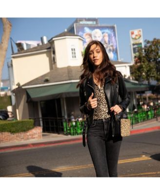 Black Leather Bucket Bag Medium Size Leopard Print Purse for Women with Drawstring Design