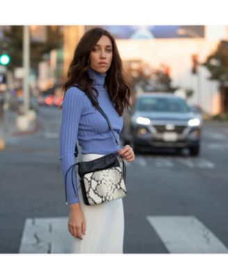 Black Leather Bucket Bag Medium Size Purse with Snakeskin Print and Drawstring Design for Women