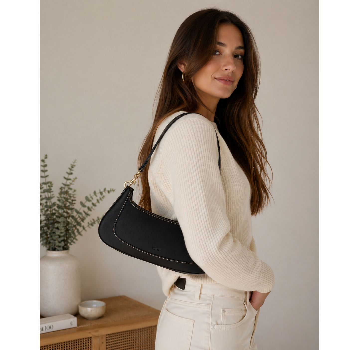 Женская сумка SUSU Leather Baguette Bag Small 90s Shoulder Bag Black Purse Y2K Underarm Bag Trendy Handbag, цвет: Чёрный — фото 2
