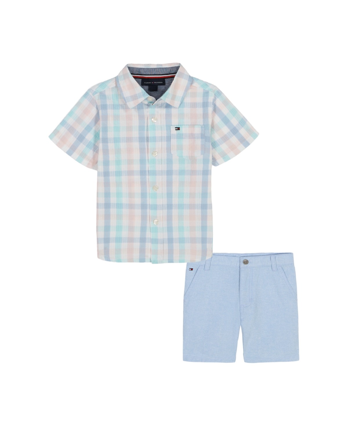 Tommy Hilfiger Toddler Boys 2-piece Short Sleeve Seersucker Plaid Shirt And Oxford Shorts Set In Plaid,light Blue