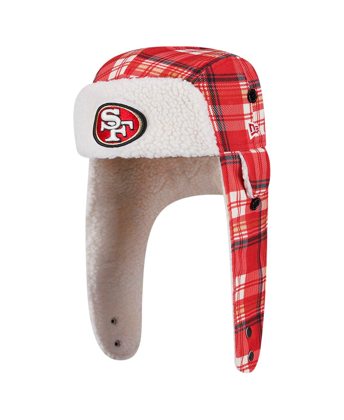 NEW ERA MEN'S SCARLET SAN FRANCISCO 49ERS SIDELINE PLAID SHERPA TRAPPER HAT 