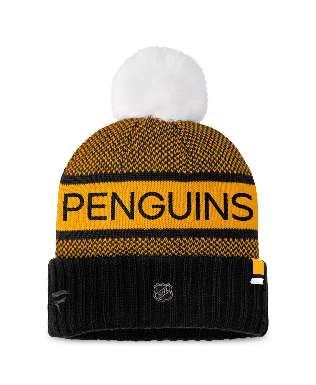 Fanatics Women's Black/gold Pittsburgh Penguins Authentic Pro Rink Cuffed With Pom Knit Hat In Black,gold