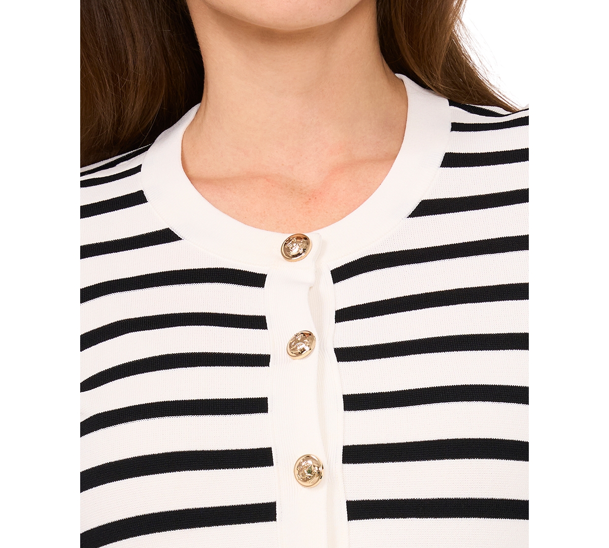 Cece Stripe Short Sleeve Cardigan With Goldtone Buttons In Antique White
