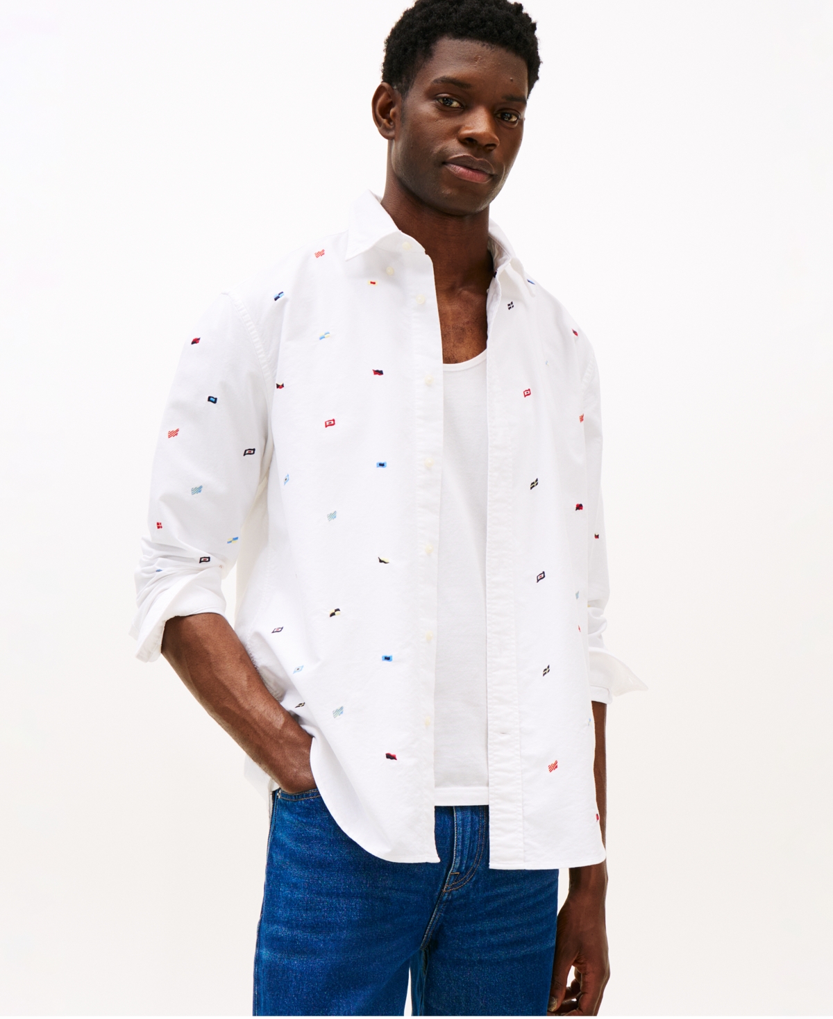 Men's Relaxed-Fit Embroidered Oxford Shirt - Th Optic White