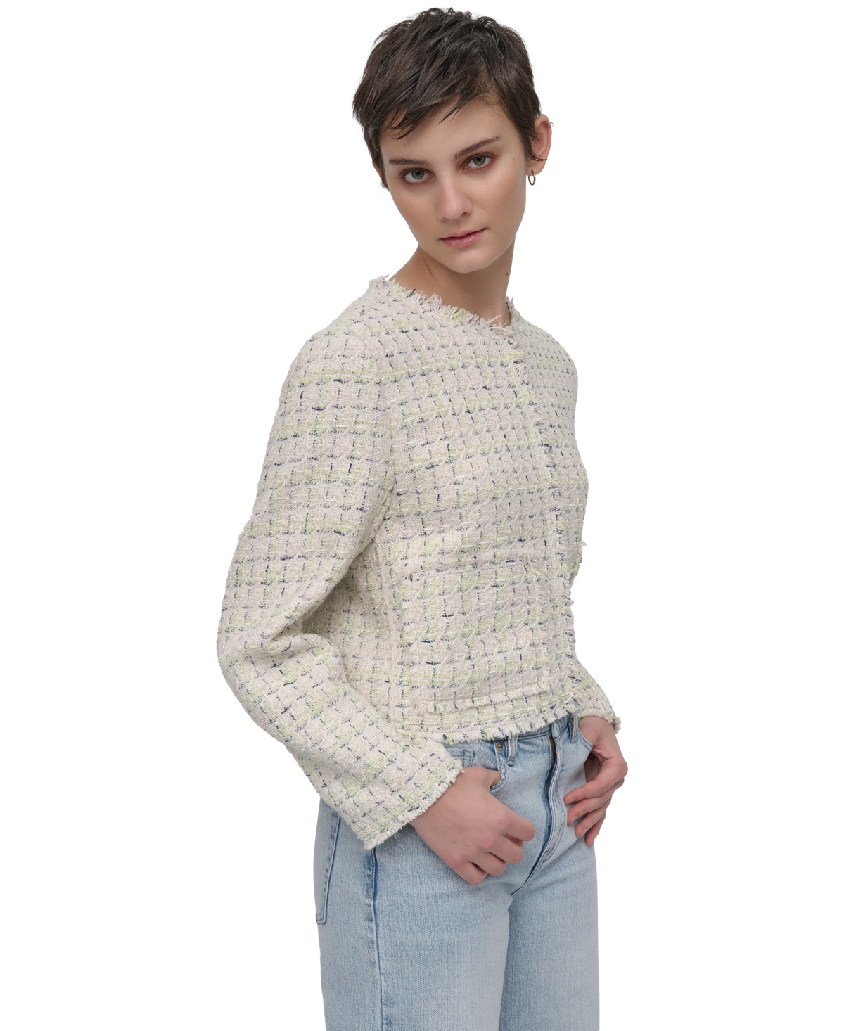 Shop Dkny Jeans Women's Frayed Cropped Long-sleeve Jacket