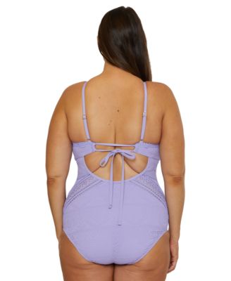 Plus Size Color Play Crocheted High Neck One-Piece Swimsuit