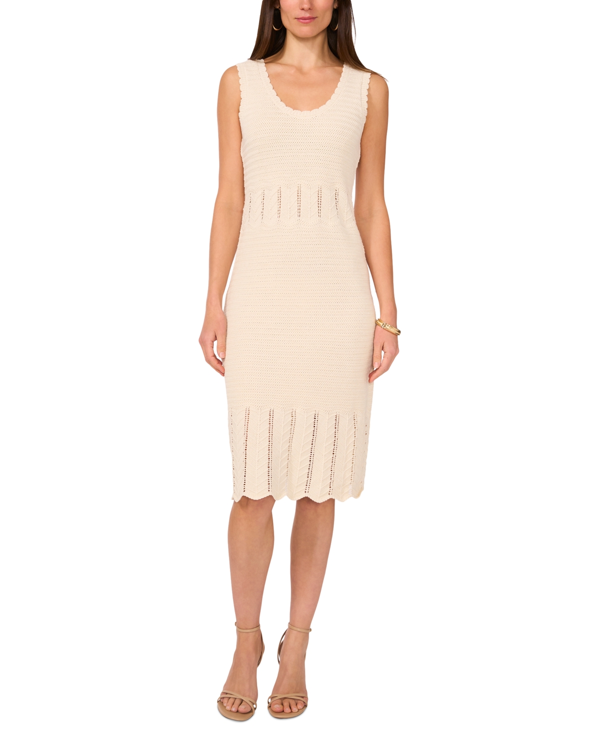 Vince Camuto Sleeveless Scallop Hem Pointelle Cotton Sweater Dress In Birch