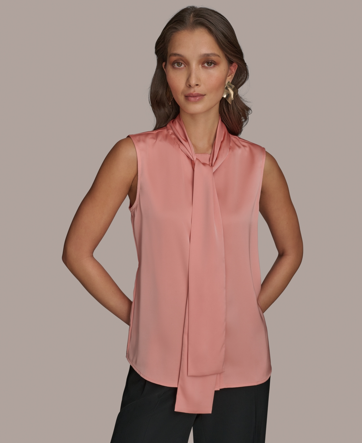 Shop Donna Karan Women's Tie-neck Sleeveless Blouse In Apricot