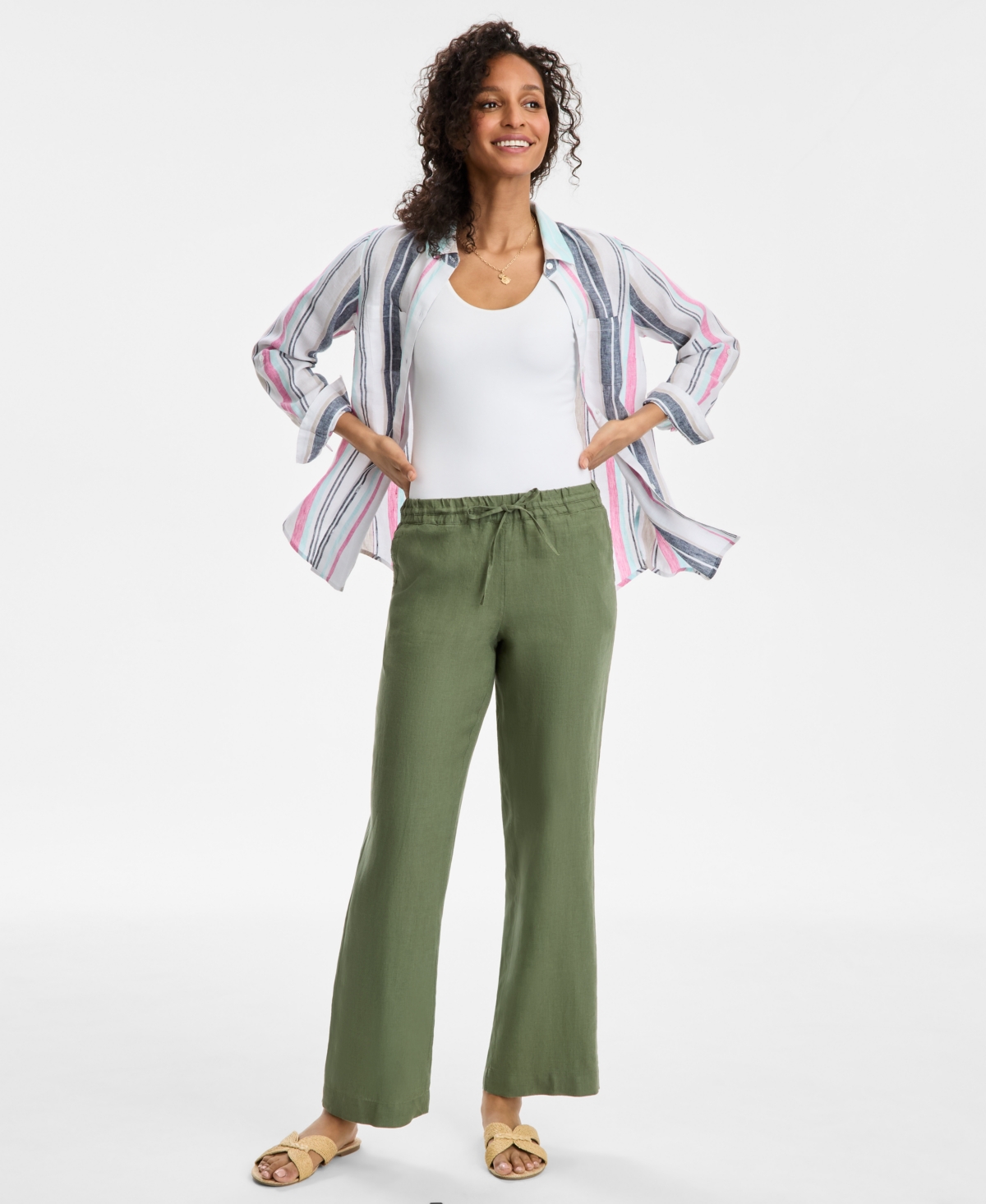 Charter Club Women's 100% Linen Drawstring Pants, Created For Macy's In Cool Olive