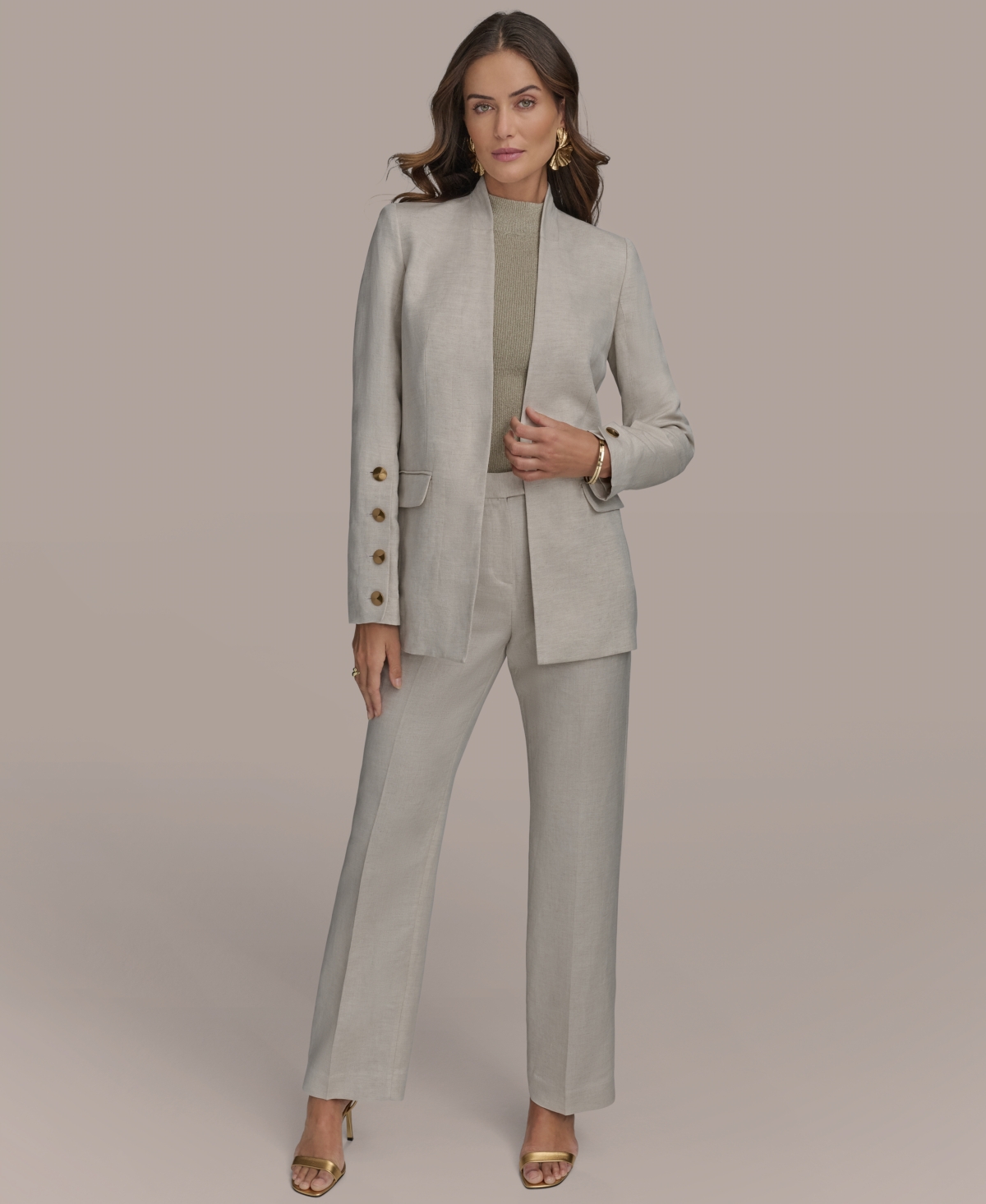 Shop Donna Karan Women's Linen-blend Button-sleeve Blazer In Flax