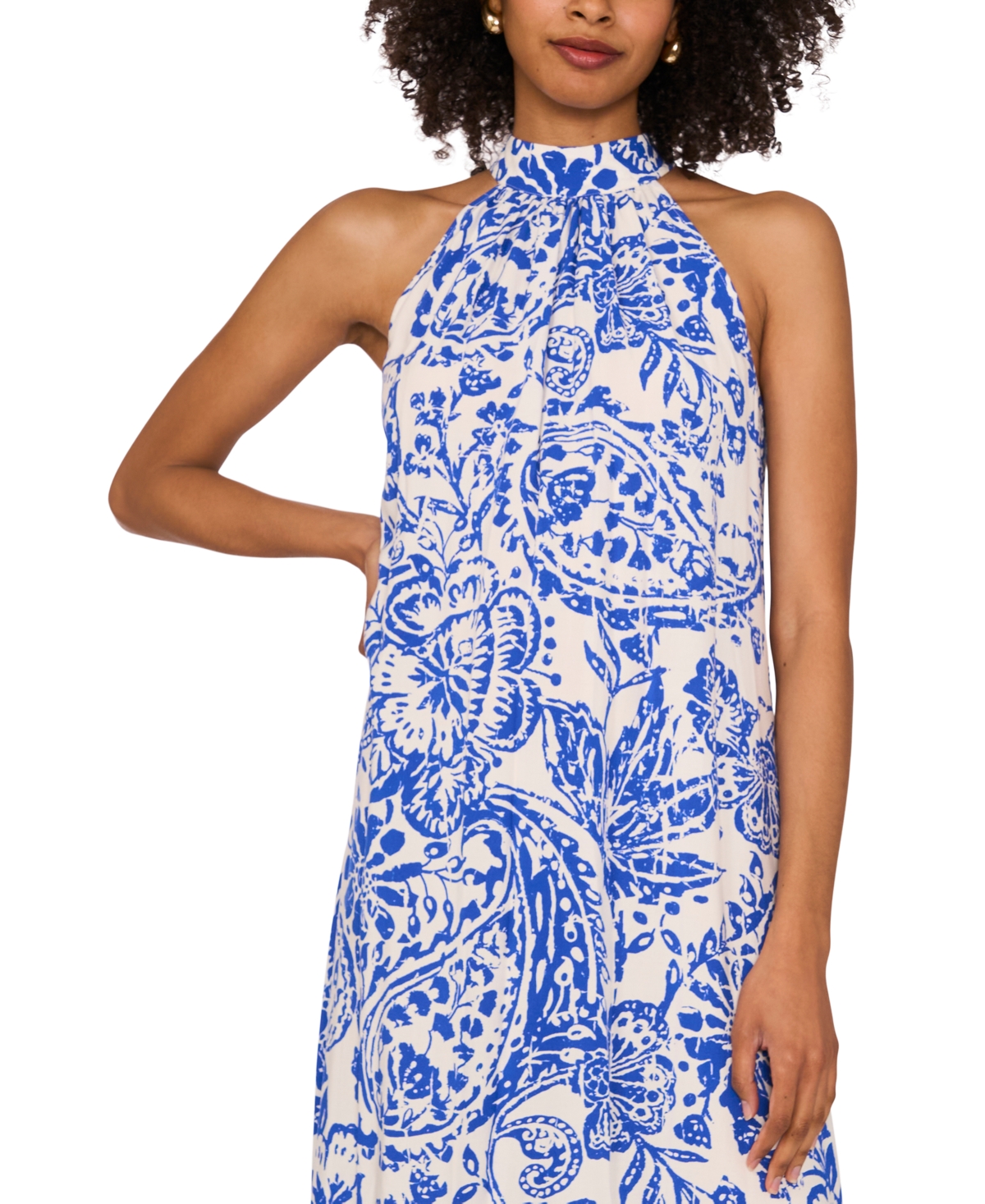 Vince Camuto Print Sleeveless Halter Neck Dress In Marine Blue