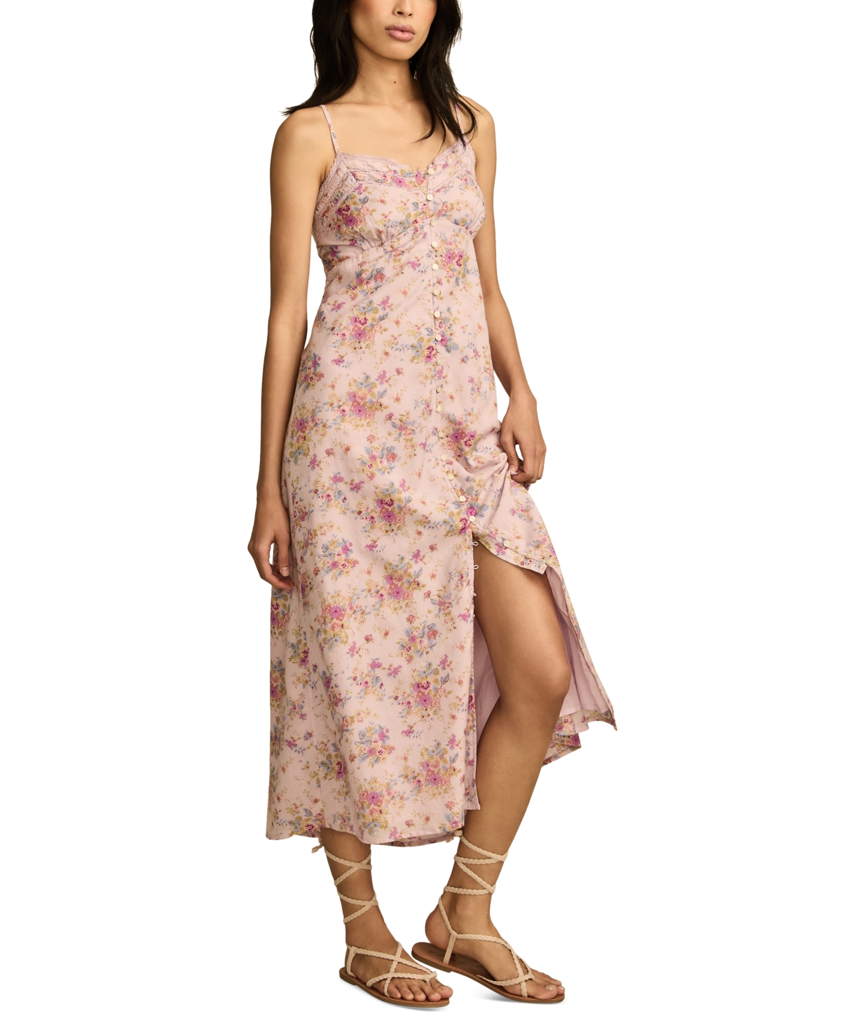 LUCKY BRAND WOMEN'S FLORAL-PRINT LACE-TRIM SLIP DRESS 