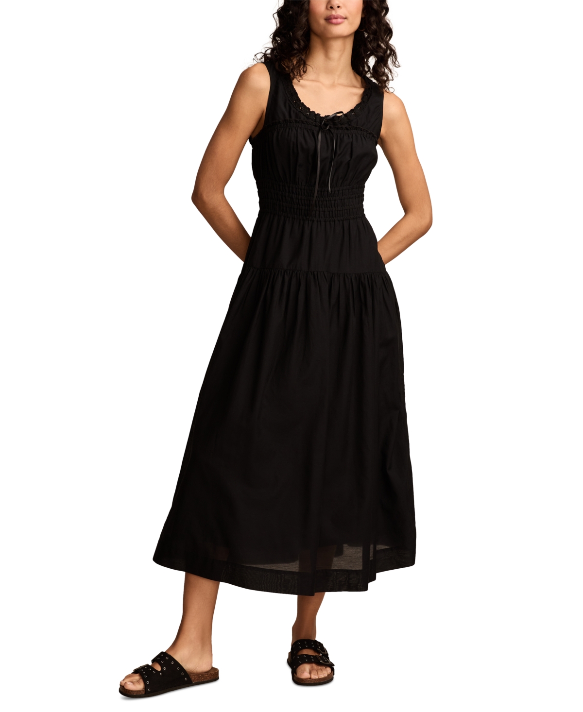 Shop Lucky Brand Women's Lace-trimmed Smocked Midi Dress In Caviar