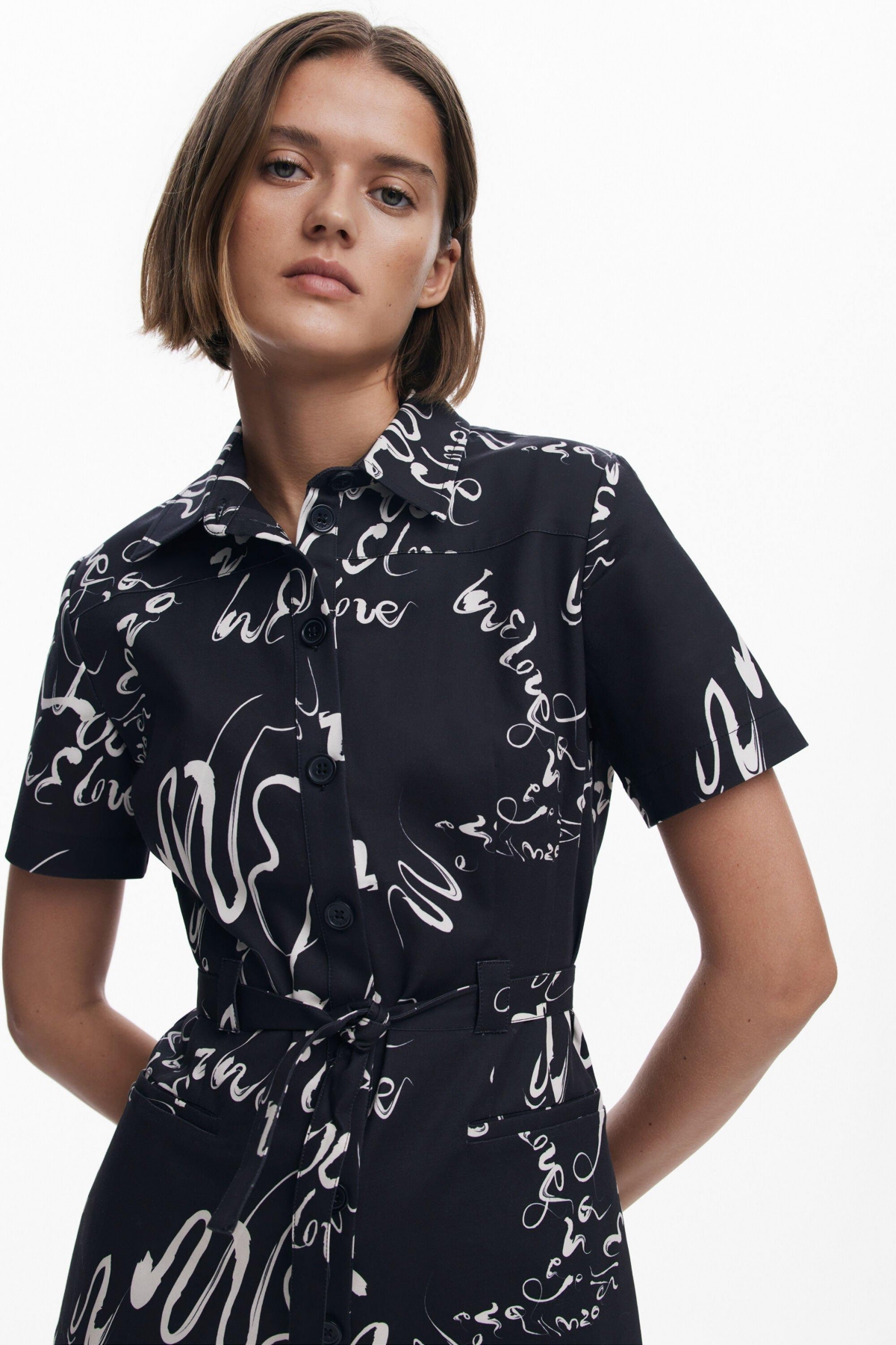 Desigual Lettering Belted Mini Shirtdress In Black