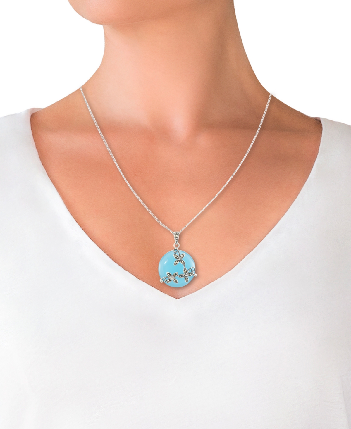 Shop Macy's Blue Agate & Marcasite Flower Disc 18" Pendant Necklace In Sterling Silver
